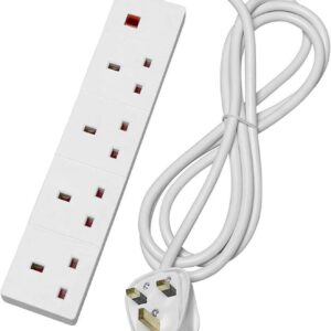 White 4 Gang Extension Lead  Lengths 1m 13A UK Plug Wall-Mountable