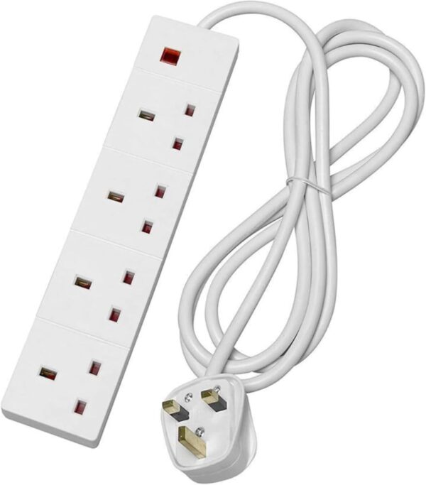 White 4 Gang Extension Lead  Lengths 1m 13A UK Plug Wall-Mountable